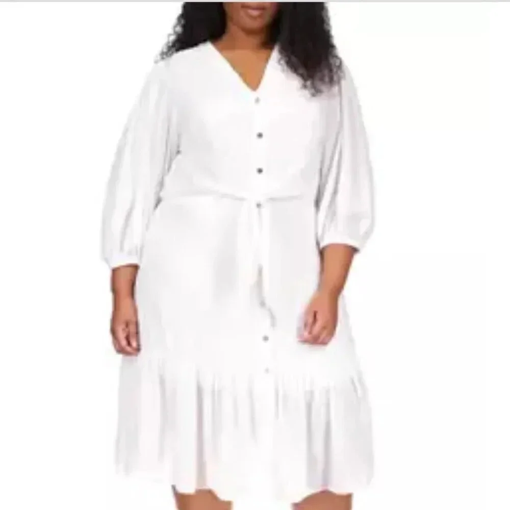 Michael Kors Button Front Swiss Dot Dress in White with Tie at Waist - 1X - New - Picture 2 of 12